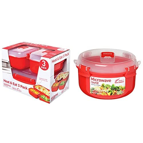 Image of Sistema Heat & Eat Microwave Containers | Red/Clear Stackable Lunch Boxes with Clip-Close Lids | Pack of 3 & Round Bowl | 915 ml BPA-Free