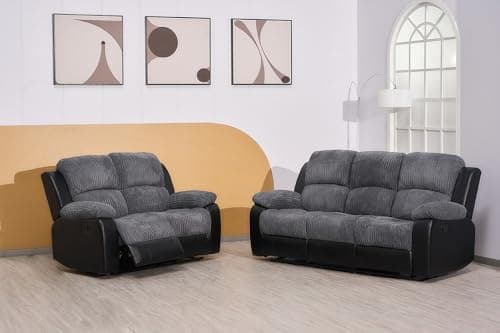 Image of SofaHeaven - Recliner Black/Grey Jumbo Cord Fabric 3+2 Seater Sofa - Manual Recliner Sofa for Living Room Furniture
