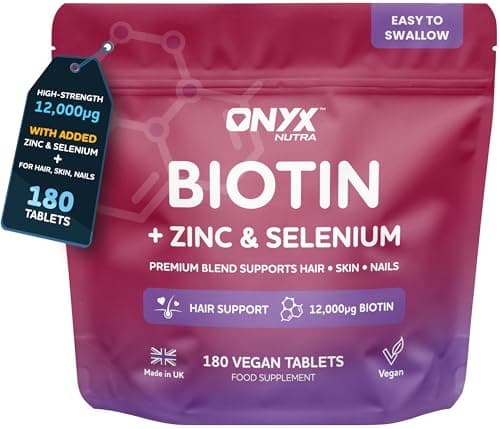 Image of Biotin 12,000μg Hair Skin and Nails Vitamins – High Strength with Zinc & Selenium | 24,000% NRV Biotin Supplement for Hair Support, Nail & Skin | 180 Vegan Tablets for Women & Men UK Made