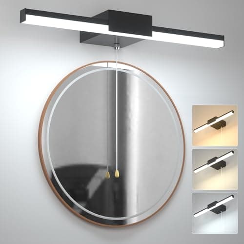Image of Lamptobe 3-Colour 40CM Bathroom Over Mirror Light with Pull Cord Switch, IP44 Water Resistant 3CCT LED Bathroom Wall Light Fixture Black, 8W AC230V Hard Wired