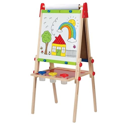 Image of Hape All-in-1 Easel | Award-Winning Double-Sided Kids Standing Easel Adjustable Height Stand with Paper Roll, Chalkboard, Whiteboard, Magnets and 3 Paint Pots