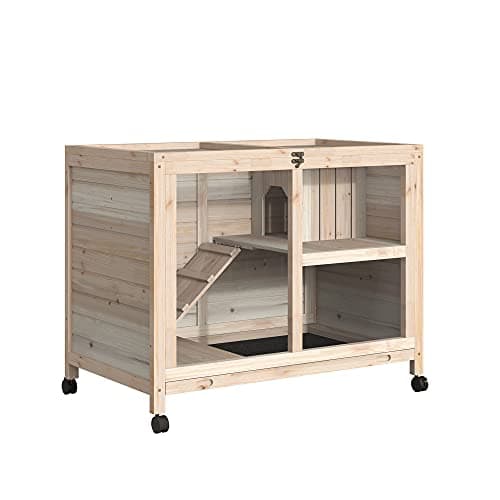 Image of PawHut Rabbit Hutch Indoor Wooden Guinea Pig House Hamster Cage with Wheels, 2 Layers Bunny Cage with Openable Roof, 91.5 x 53.3 x 73 cm, Natural