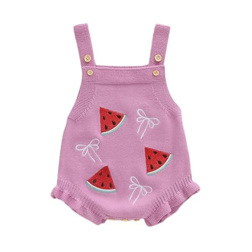 Image of Geagodelia Infant Baby Girl Knit Romper Knitted Bodysuits Sleeveless Floral/Bow/Cherry/Strawberry Embroidery Ruffle Jumpsuit Baptism Jumper Overalls Chunky Knitwear (Purple Fruit, 3-6 Months)