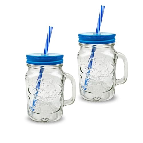 Image of G4GADGET 2 X 500ml Glass Mason Drinking Jars Bottles Party Drink Glasses + Lids and Straws