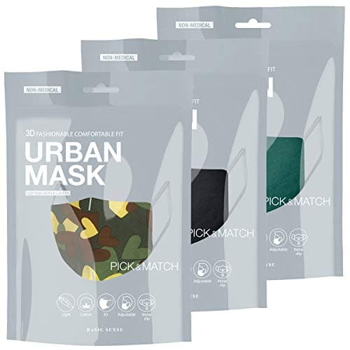 Image of Basic Sense 3 Packs – 100% Cotton Washable Reusable Skin Friendly Plain Face Coverings Masks (Camo 3 Pack)