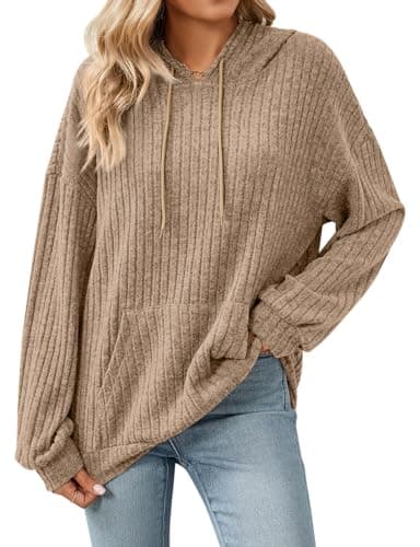 Image of Gemulate Long Sleeve Tops Women Lightweight Jumpers Ladies Pocket Tunic Long Sleeve Striped Pullover Sweatshirt Camel Small