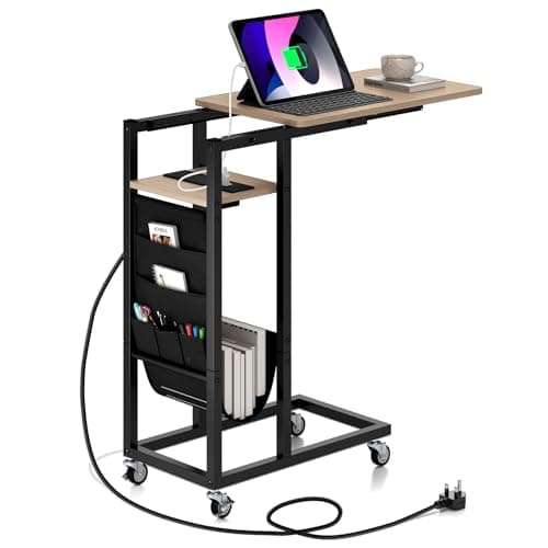 Image of COSTWAY C Shaped Side Table with Charging Station, Rolling Sofa End Table with Retractable Top, Storage Bag and Wheels, Slim Laptop Bedside Table for Small Space, Living Room, Bedroom (Natural)