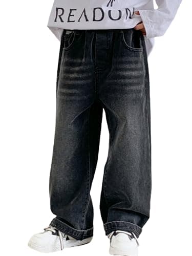 Image of Rolanko Boys Baggy Jeans Elasticated Waist Cargo Wide Leg Skater Jeans with Multipockets Vintage Streetwear Denim Pants for Kids, Black, 160, 11-12 Years