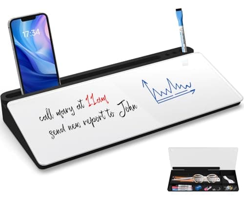 Image of Sliandtelly Desk Whiteboard with Storage | 40 x 18 cm Glass Dry Erase Board & Black Base | 3 Marker Pens | Desktop Writing Board for Quick Note Replace Sticky-Note, Organizer for Home Office Accessory