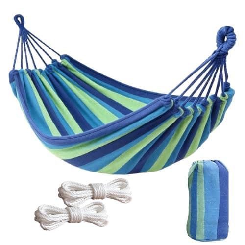 Image of Ovyuzhen Hammock, Single/Double Outdoor Garden Camping, Canvas Soft Swing Sleeping, Portable with Carrying Bag for Patio Yard Backyard Porch Travel (Blue, 250X100cm)