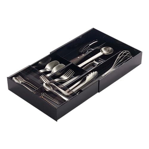 Image of Yamazaki 3383 TOWER Extendable Cutlery Tray with Slide, Black, ABS Resin/PS Resin, Minimalist Design, 25 x 24.6 x 5.7 cm (LxWxH)
