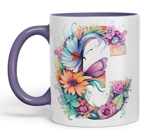 Image of Vixar Letter C Mug, Floral Flowers Butterfly Alphabet Letter C Monogram Watercolour Ceramic Coloured Mug Cup for Tea Coffee Hot Brew 330ml 11Oz Gift (Purple)