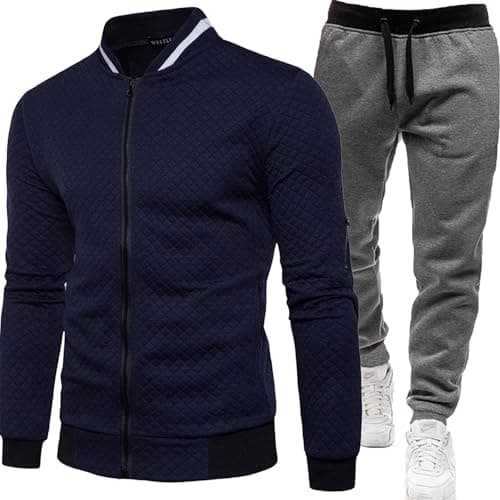 Image of Tracksuit Mens Full Set Zipped - Mens Tracksuit Set 2 Piece Men Joggers Gym Sport Sweat Suit Casual Plaid Zipper Baseball Uniform Color Matching Sweatshirt Hoodie Corset Sweatpants Portly Suits