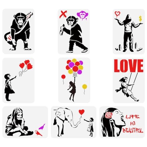 Image of FINGERINSPIRE 9 pcs Banksy Painting Stencil 21x29.7cm Reusable Banksy Girl Boy Chimpanzee Pattern Drawing Template Life is Beautiful Decoration Stencil for Painting on Wood Wall Fabric Furniture