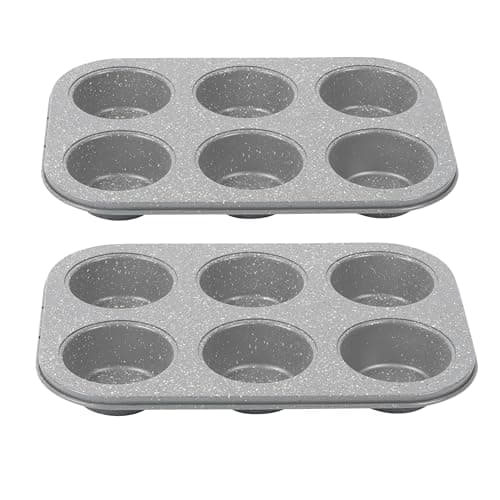 Image of Salter COMBO-5357 Non-Stick 6 Cup Muffin Baking Tray, Set of 2, Bakeware Mould for Cupcakes, Yorkshire Puddings, Brownies, Carbon Steel Ovenware, PFOA Free, Easy to Clean, Marblestone, Grey