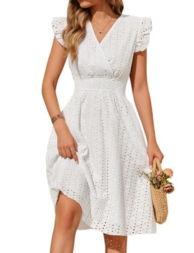 Image of PASUDA Womens Summer Dress Ruffle Sleeve V Neck Midi Dress Loose Sleeveless Cotton Swing Elastic Waist Wrap Dress with Pockets Boho Sundress Beach Dresses for Casual Holiday Daily (White, XL)