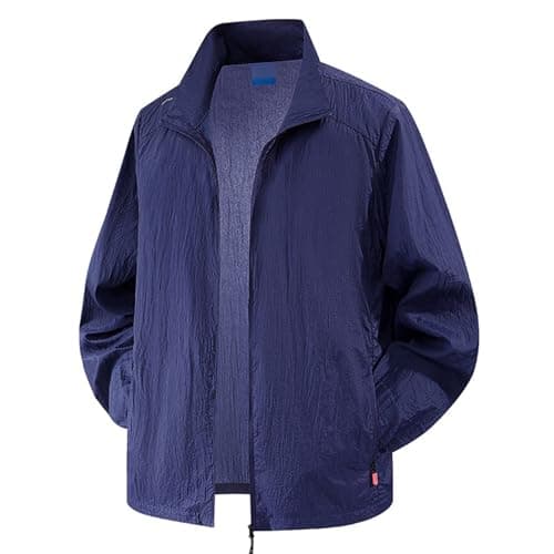 Image of Men's Summer Jacket Sun Protection Breathable Transition Jacket with Zip Lightweight Thin Outdoor Jacket Long Sleeve Lapel Windbreaker Windproof Jacket Plain UV Shirt, O dark blue., L