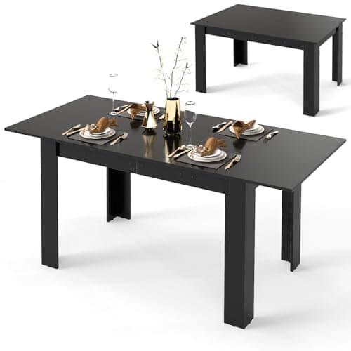 Image of COSTWAY Extendable Dining Table, 120-158cm Large Kitchen Table with Adjustable Tabletop & L-shaped Legs for 6-8 People, Wooden Dinner Desk for Home Restaurant, 110 KG Load Capacity (Black)