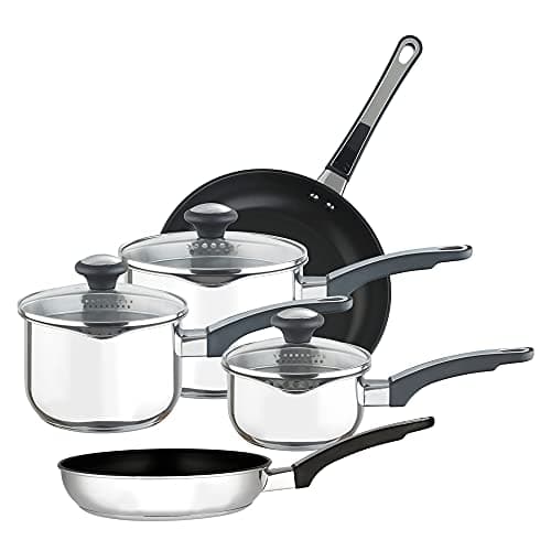 Image of Prestige Stainless Steel Non Stick Pots and Pans Set of 5 - Suitable as Induction Hob Pan Set with Straining Lids & Pouring Lips, Dishwasher Safe, Oven Safe, Durable Cookware, Black/Silver