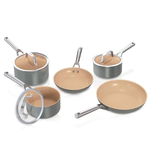Image of Ninja Extended Life 5-Piece Ceramic Cookware Set (20 & 24cm Frying Pans + 16, 18 & 20cm Saucepans & Lids), Non-Stick (No PFAs, PFOAs, Lead or Cadmium), Oven Safe 285°C, Terracotta/Grey, CW95000EUUKDB