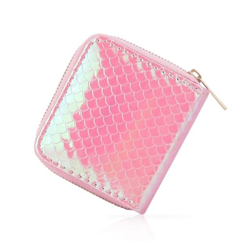 Image of WisePoint Colorful Wallet for Women, Shiny Mermaid Pattern Zipper Travel Wallets with 2 Change Slot and 4 Card Slot, Ladies Bank Card Holder for Short Trip (Pink)