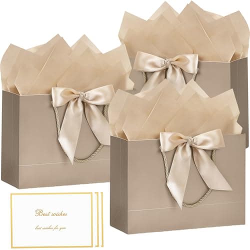 Image of Champagne Gold Gift Bags with Handles, 3 Packs Medium Paper Present Bags, Includes 6 Tissue Paper and 3 Greeting Cards for Kids Adult Men Women's Birthday, Wedding, Valentines, Bridesmaid Party