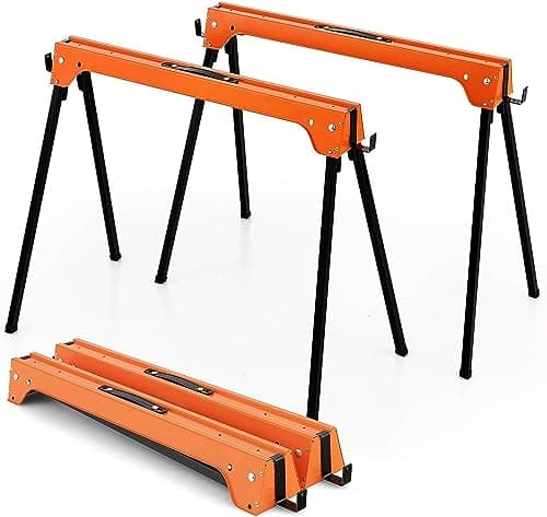 Image of COSTWAY Folding Saw Horse Twin Pack, Heavy Duty Work Bench with 2 x 4 Support Arms & Carry Handle, Fully Assembled Trestle Stands Sawhorse, Max Load 454kg/1000kg (454kg, Orange, Metal, 92x48x74cm)