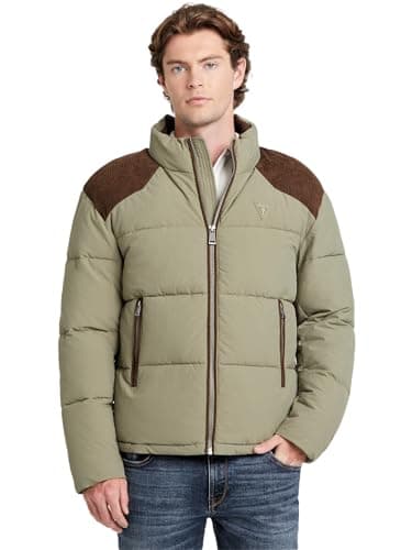 Image of GUESS Men's New Larry Blocking Heavy Puffa Jacket Outerwear, Safari Green, L