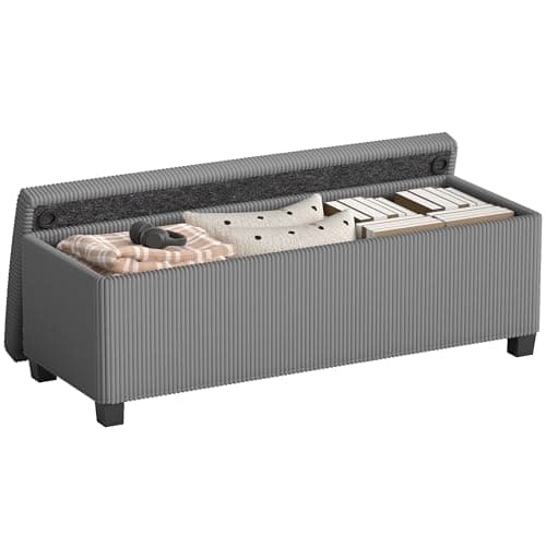 Image of HOMCOM Storage Ottoman Bench, Corduroy Storage Chest Box with Wooden Legs, 112cm Bed End Bench for Living Room, Bedroom, Entryway, Grey