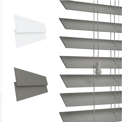 Image of Funky Gadgets Custom Made to Measure Faux Wood Venetian Blinds Faux Wooden Blinds window Venetian Blind 50mm Horizontal Embossed Slats Silver/Grey String Child Safe (Nimbus Grey, W120cmxL150cm)
