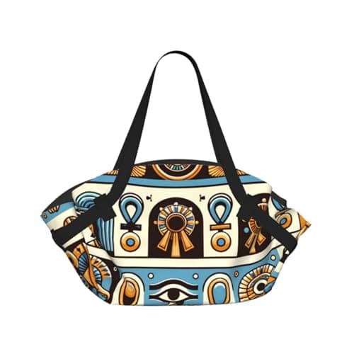 Image of Vortithora Egyptian-Symbolic-Heritage Foldable Round Picnic Blanket Tote Bag, Portable Camping Mat With Handles And Inner Pockets, Water-Resistant Outdoor Beach Blanket For Picnic, Park, Camping