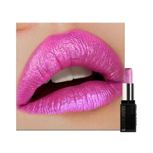 Image of Rose Pink Shimmers Lipstick, Purple Pink Lip Stick, Dazzling Glitter Bright Lips Balm, Longlasting Pearlescent Highly Pigmented Lipgloss, Smooth Full Coverage Lipsticks for Women