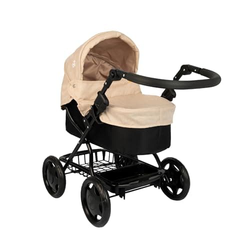 Image of Joie Junior Cherish Dolls Pram | Stone & Black, Adjustable Handle & Hood, Fold Flat Design, Includes Matching Changing Bag, Removable Apron & Under Seat Storage | Toy Pram for Kids Role Play | 3+