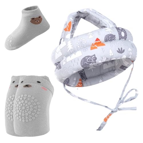Image of Culinavog Baby Safety Helmet Set -Head Protector with Anti-Slip Knee Pads & Grip Socks for Infant,Adjustable Safety Helmet for Toddlers Learning to Crawl & Walk Grey