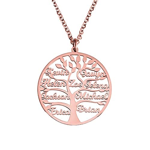 Image of BYFDIY Personalised Family Tree Necklace 1-9 Custom Names Rose Gold Family Tree Necklace Stainless Steel Tree of Life Pendant Gift for Mom and Grandma Christmas Gift