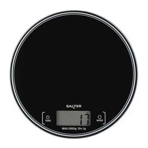 Image of Salter Round Kitchen Scale – Digital Food Weighing Scales for Baking & Cooking, Measures Liquids & Fluids, Easy Read LCD Display, Tare/Zero Function, Slim Compact Design, 5kg Capacity
