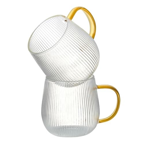 Image of GLASKEY Borosilicate Glass Coffee Mugs Set of 2,370ml Glass Coffee Cups with Vertical Stripes Pattern,Clear Tea Cup for Cappuccino, Latte,Hot/Cold Beverages,Christmas Thanksgiving Gifts