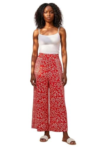 Image of Roman Originals Floral Print Wide Leg Culottes for Women UK - Ladies Everyday Holiday Spring Summer Comfy Soft Evening Vacation Work Party - Red - Size 12