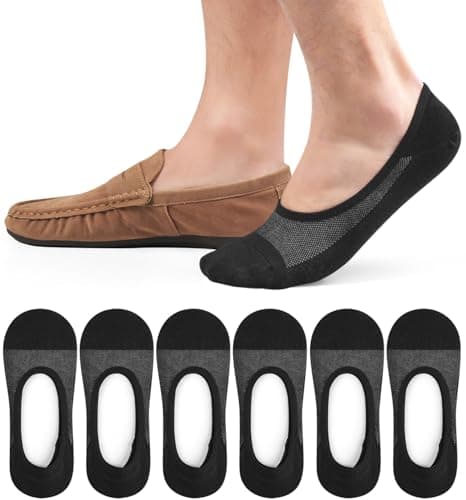 Image of Caldodo Mens Invisible No Show Socks 6-8, Low Cut Non Slip Trainer Socks Hidden Liner Loafer Socks, 6 Pairs, Black