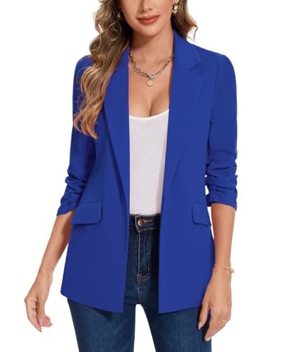Image of MINTLIMIT Womens Notched Lapel Open Front Blazer 3/4 Sleeve Jacket Suit Work Office (Blue S)