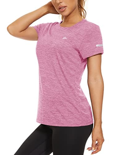 Image of KEFITEVD Ladies Short Sleeve Running Top Polyester Breathable Yoga Top Women's Gym T-Shirts Lightweight Crew Neck,Pink,XL