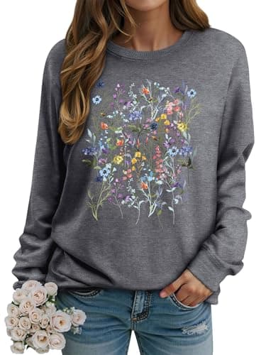 Image of Dresswel Women's Sweatshirts Vintage Wildflowers Botanical Floral Graphic Print Crewneck Long Sleeve Tops Ladies Jumpers Basic Cotton Pullover
