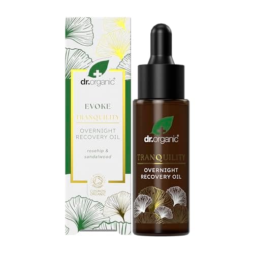 Image of Dr Organic Evoke Tranquility Overnight Recovery Oil, Hydrating Night Serum, Restore Skin, with Rosehip & Sandalwood, Vegan, Natural, Certified Organic, 30ml