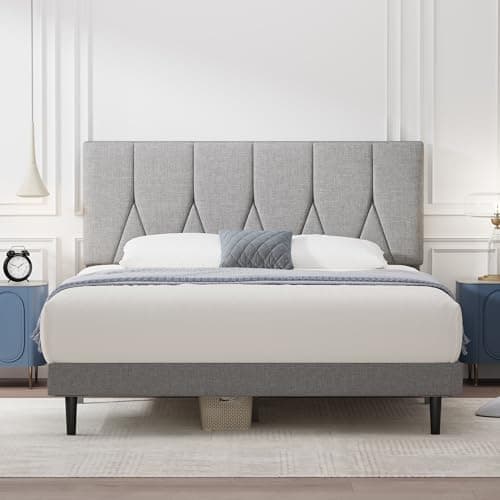 Image of Yocreat Small Double Bed Frame, Light Grey, Upholstered Wooden Slat Bed Frame with Headboard, Easy Assembly, Underbed Storage, No Box Spring Needed 120×190