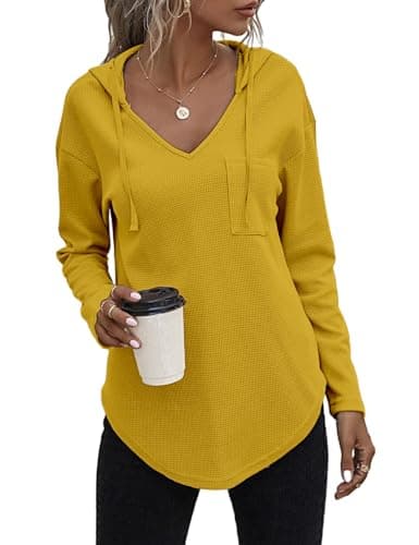 Image of Cuptacc Hoodies For Women Uk Waffle V-Neck With Drawstring Long Sleeve Sweatshirt Winter Casual Women Tunic With Pocket Brilliant Yellow XL