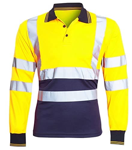 Image of FAIRY BOUTIQUE® Hi Viz High Visibility Long Sleeve Polo Shirts, Mens Reflective Tape Safety Hi Vis Security Work Breathable Lightweight Workwear T-Shirt Tops (Yellow/Navy, Medium)