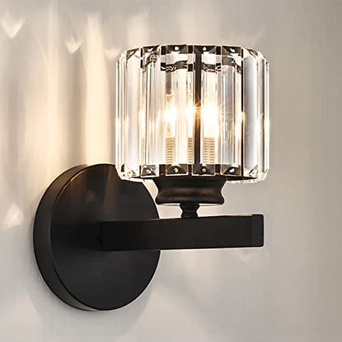 Image of Sxtiger Retro Crystal Wall Light Sconce, E27 Modern Black Crystal Wall Lamp, Hardwired Wall Lighting Fixtures for Bedside Bedroom Living Room Corridor Dining Room Hallway (Black Round)