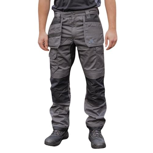 Image of Xpert - Core Stretch Work Trousers Mens. Modern Fit Combat Cargo Pants Holster Work Trousers with Stretch Panels and Knee Pad Pockets (30W / 33L) Grey/Black
