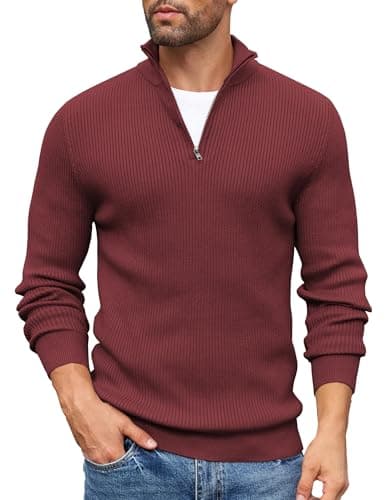 Image of COOFANDY Jumpers for Men Quarter Zip Jumper 1/4 Zip Sweater Turtleneck Sweater Polo Neck Jumper Turtle Neck Jumpers Turtleneck Pullovers for Men with Ribbed Edge Maroon Red L