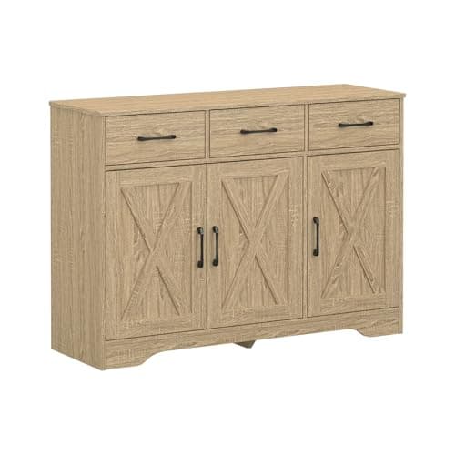 Image of Panana Wooden Sideboard 3 Drawers 3 Doors Entryway Dining Room Console Living Room Storage Farmhouse Sideboard Cabinet (Oak)